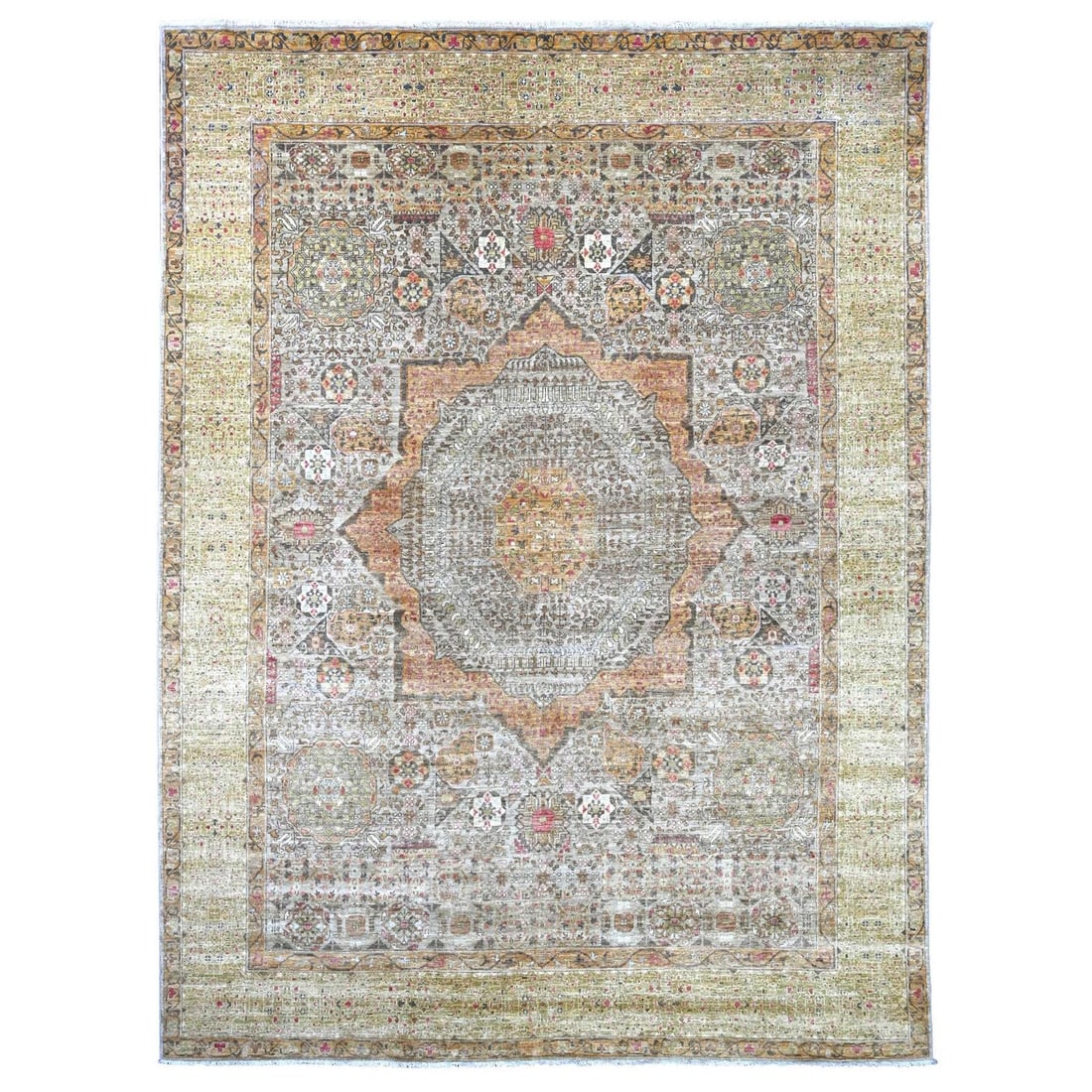 10'x13' Gray Hand Knotted 14th Century Mamluk Dynasty Pattern Wool Rug: 10'x13' Gray Hand Knotted 14th Century Mamluk Dynasty Pattern Wool Rug The 10'x13' Gray Hand Knotted 14th Century Mamluk Dynasty Pattern Wool Rug is a stunning example of traditional Oriental design, 