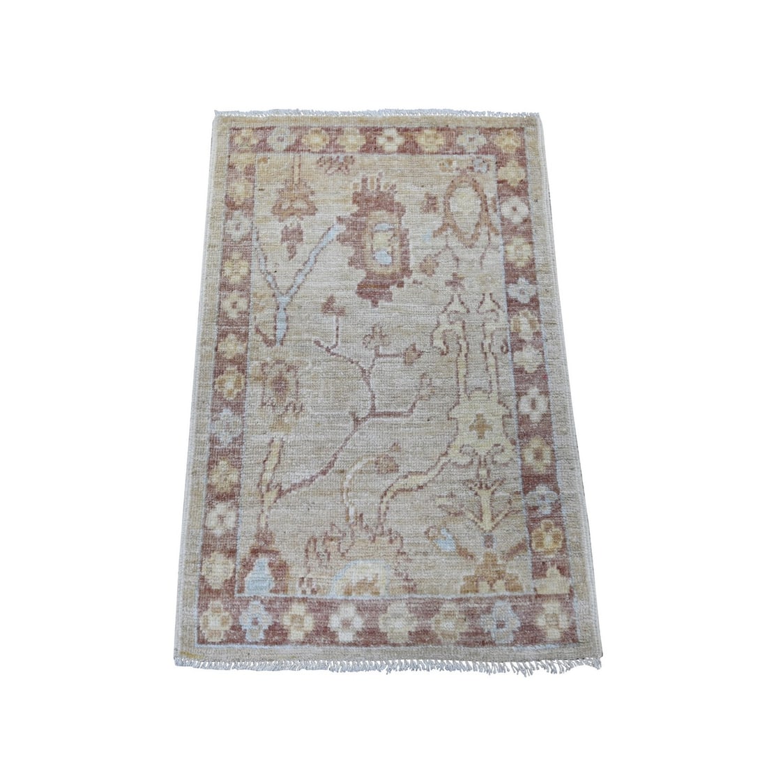 2'x3' Light Brown Hand Knotted Wool Afghan Angora Oushak Mat Oriental Rug: 2'x3' Light Brown Hand Knotted Wool Afghan Angora Oushak Mat Oriental Rug The Oushak rug boasts a rich, earthy tone with a beautiful floral pattern, woven in a traditional hand-knotted style. Made fro