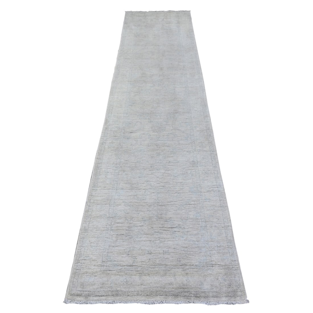 Pure Wool Hand Knotted Peshawar White Wash 2'7"x11'2" Runner Rug: Pure Wool Hand Knotted Peshawar White Wash 2'7"x11'2" Runner Rug Pure Wool Hand Knotted Peshawar White Wash 2'7"x11'2" Runner Rug is a stunning example of traditional Afghan craftsmanship, boasting a 