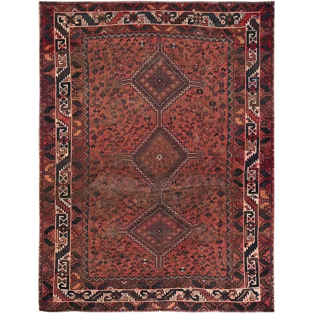 5'1"x6'9" Red Vintage Zoroastrian Sheeraz Worn Out Hand Knotted Wool Rug: 5'1"x6'9" Red Vintage Zoroastrian Sheeraz Worn Out Hand Knotted Wool Rug This stunning 5'1"x6'9" Red Vintage Zoroastrian Sheeraz Hand Knotted Wool Rug boasts a striking geometric pattern and vibrant r
