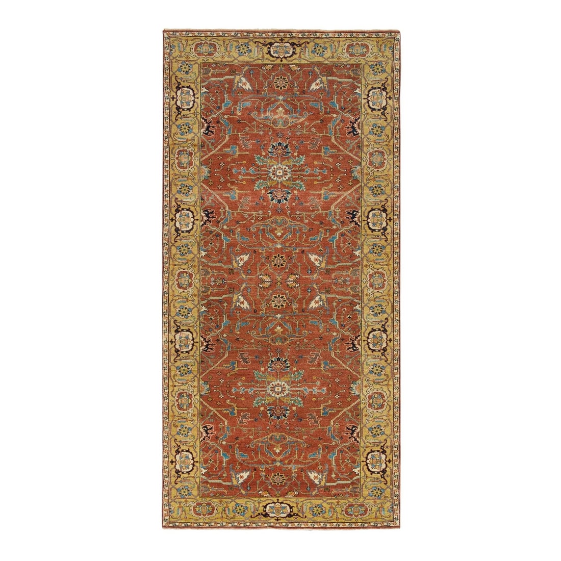 4'x10' Red Heris Re-Creation Hand Knotted Wool Wide Runner Rug: 4'x10' Red Heris Re-Creation Hand Knotted Wool Wide Runner Rug Hand-knotted in rich, vibrant red wool, this 4'x10' Heris-style runner rug boasts a stunning field color and intricate border. The rug's 