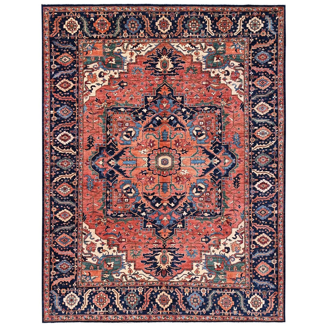 10'4"x13'9" Coral Red Seeripe Heris with Medallion Design Hand Knotted Wool: 10'4"x13'9" Coral Red Seeripe Heris with Medallion Design Hand Knotted Wool The Coral Red Seeripe Heris features a stunning medallion design, showcasing intricate patterns in a rich, vibrant red color