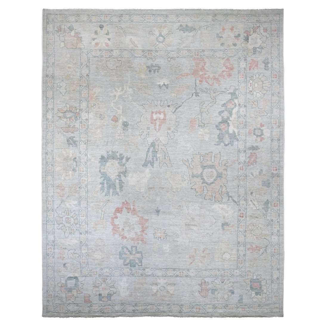 11'8"x15'2" Light Blue Angora Oushak Leaf Design Hand Knotted Wool XL Rug: 11'8"x15'2" Light Blue Angora Oushak Leaf Design Hand Knotted Wool XL Rug Light blue Angora Oushak leaf design hand knotted wool rug, measuring 11'8" x 15'2", boasts a stunning floral pattern in a rec