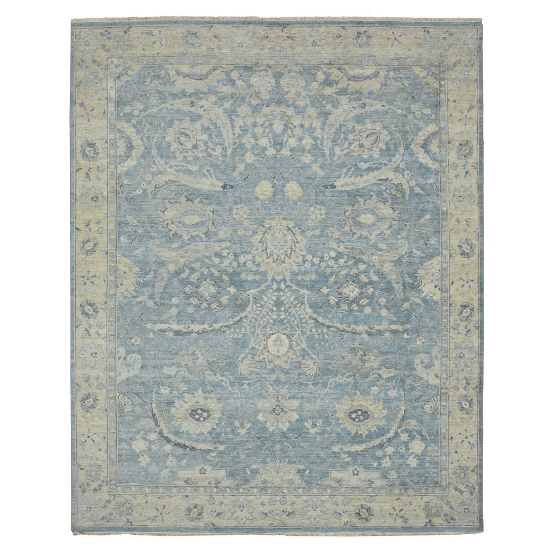 Crystal Blue Sickle Leaf Design Pure Wool Hand Knotted Oriental Rug: Crystal Blue Sickle Leaf Design Pure Wool Hand Knotted Oriental Rug Crystal Blue Sickle Leaf Design Pure Wool Hand Knotted Oriental Rug, a stunning 8'0" x 10'0" rectangular field rug with an all-over 