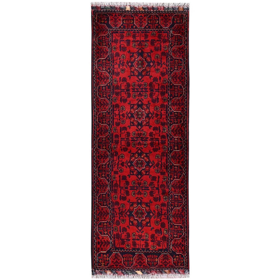 1'9"x5' Red Afghan Andkhoy with Geometric Motif Wool Hand Knotted Runner: 1'9"x5' Red Afghan Andkhoy with Geometric Motif Wool Hand Knotted Runner The Andkhoy type Red Afghan wool hand-knotted runner boasts a striking all-over geometric motif, adding a pop of vibrant red to