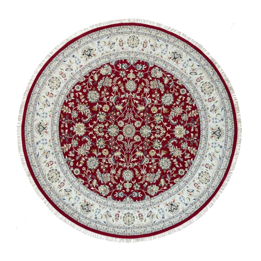 Soft Wool Hand Nain Design Round Rug 250 KPSI Red 9'8" 9'8: Soft Wool Hand Nain Design Round Rug 250 KPSI Red 9'8" 9'8 Soft and vibrant, this 9'8" x 9'8" hand-knotted wool rug boasts a stunning red field color with intricate Nain design. Made from 250 KPSI woo