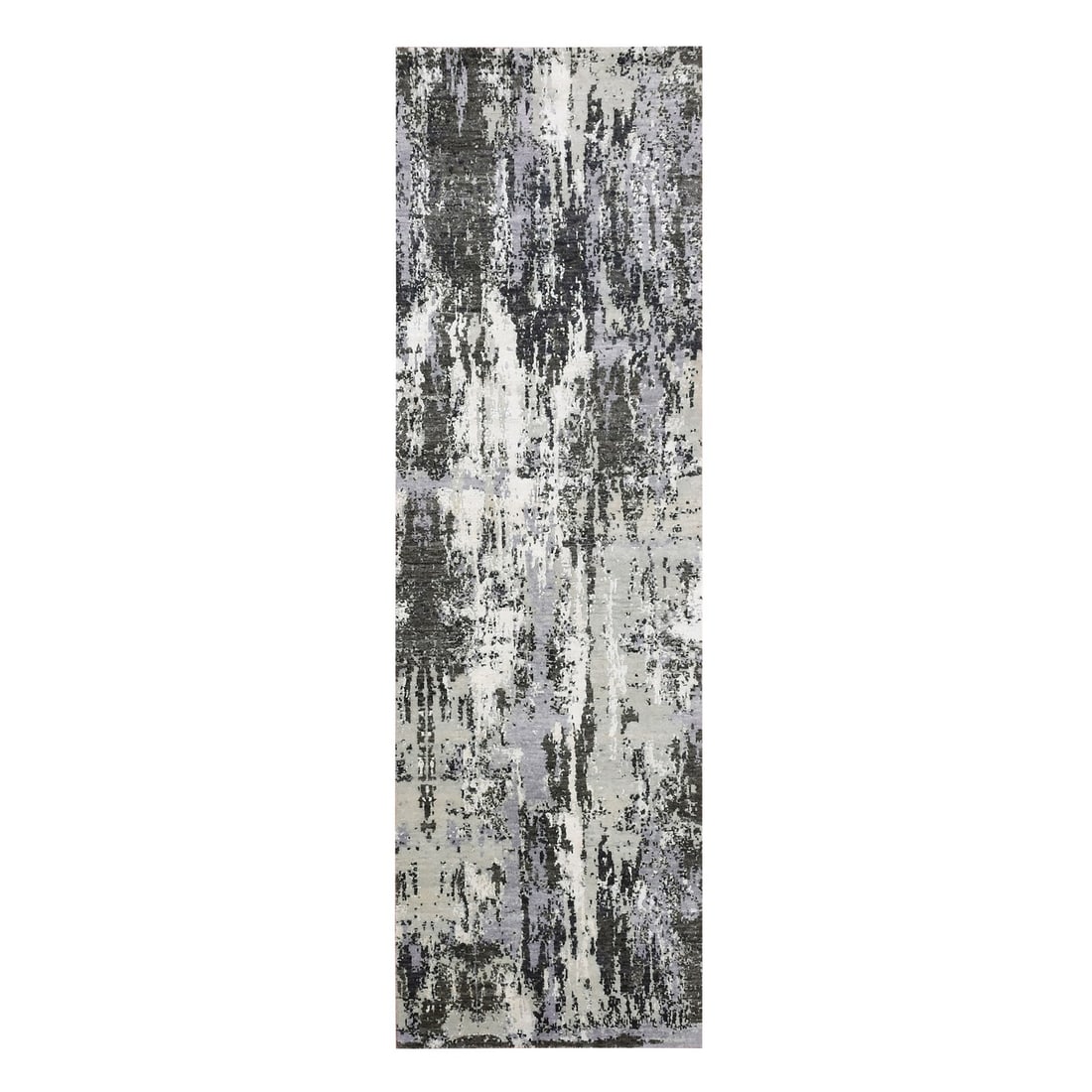 2'6"x8'3" Gray Abstract Design Wool and Silk Hand Knotted Runner Rug: 2'6"x8'3" Gray Abstract Design Wool and Silk Hand Knotted Runner Rug The 2'6"x8'3" Gray Abstract Design Wool and Silk Hand Knotted Runner Rug boasts a stunning gray field with intricate hand-knotted w