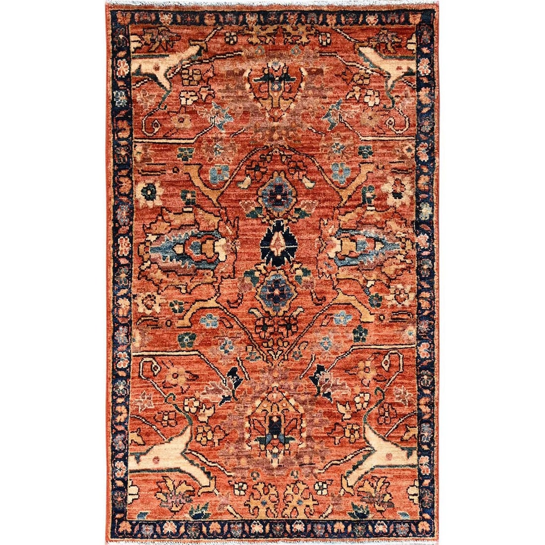 Peach Pure Wool Rug Bijar Garus Design Aryana Grade Hand Knotted Rug: Peach Pure Wool Rug Bijar Garus Design Aryana Grade Hand Knotted Rug 58" x 35" Orange Peach Pure Wool Rug with Bijar Garus Design, Hand-Knotted in Aryana Grade Wool. This stunning piece boasts a uniqu