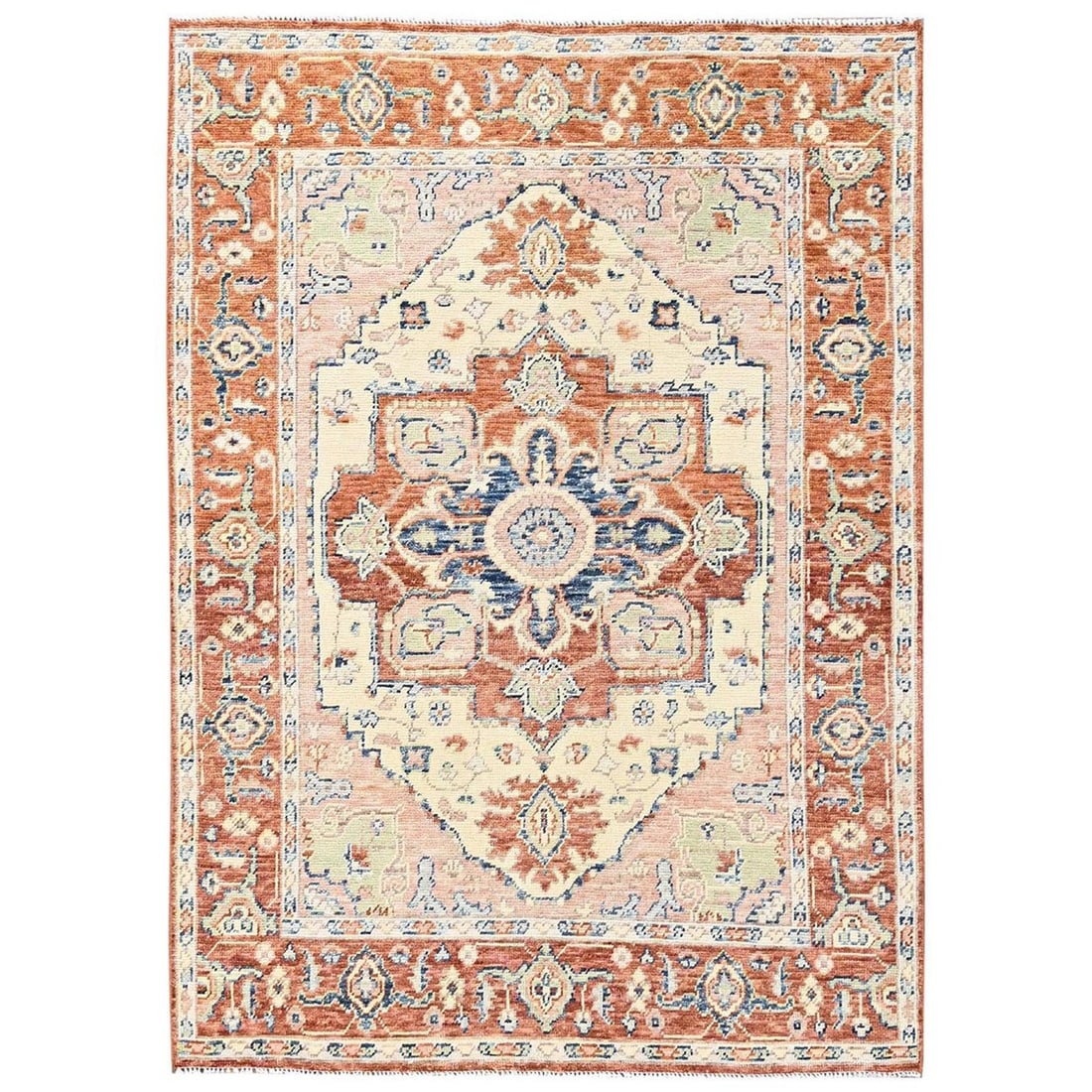Heris Medallion Design Hand Knotted Wool Oriental Beige 4'10"x6'10: Heris Medallion Design Hand Knotted Wool Oriental Beige 4'10"x6'10 Hand-knotted in wool, this Heris medallion design rug boasts a rich, beige field with intricate patterns and a rust-colored border. M