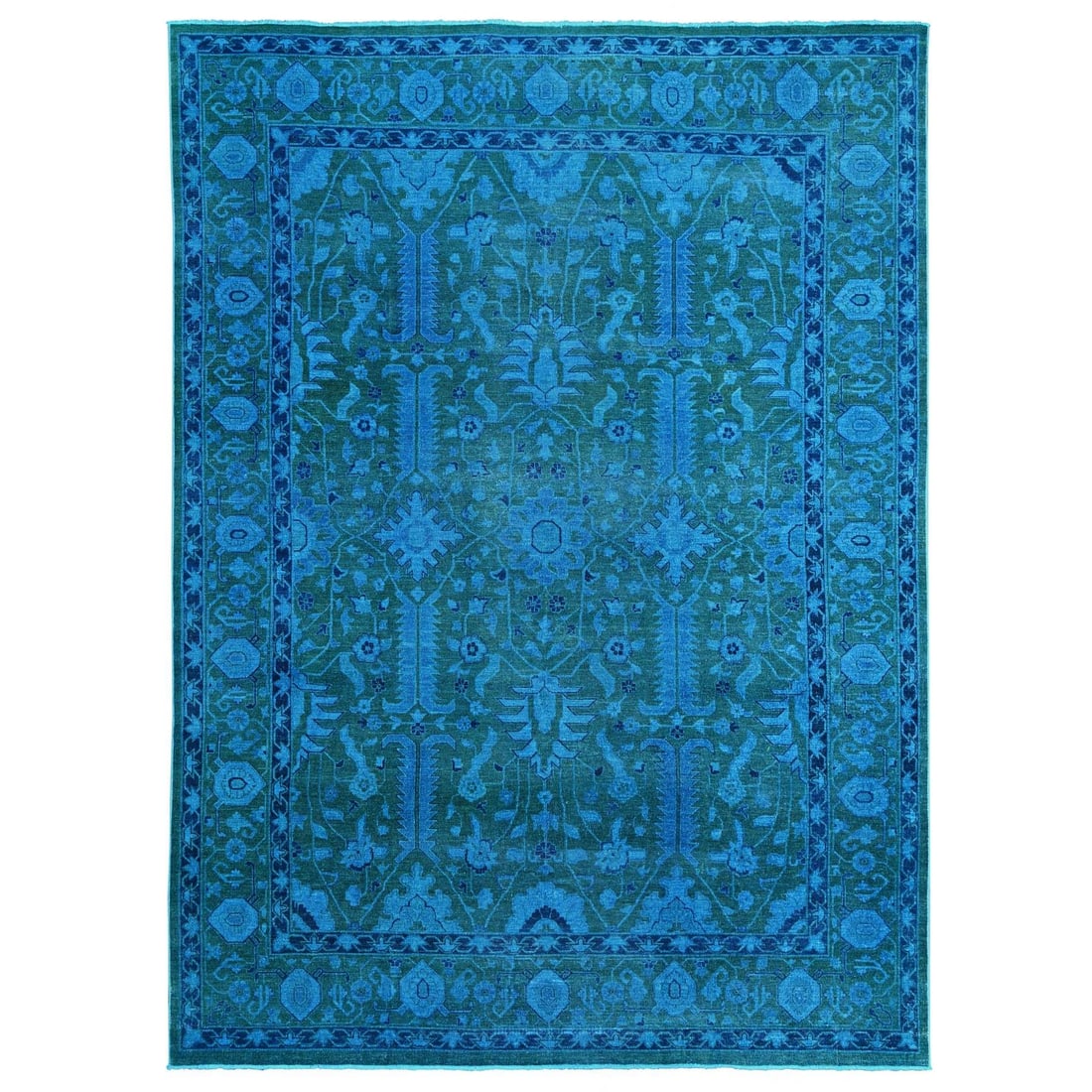 9'4"x12'9" Blue Overdyed Heris All Over Design Hand Knotted Pure Wool Rug: 9'4"x12'9" Blue Overdyed Heris All Over Design Hand Knotted Pure Wool Rug This stunning 9'4"x12'9" Blue Overdyed Heris Hand Knotted Pure Wool Rug boasts an all-over design in a rich blue hue, set agai