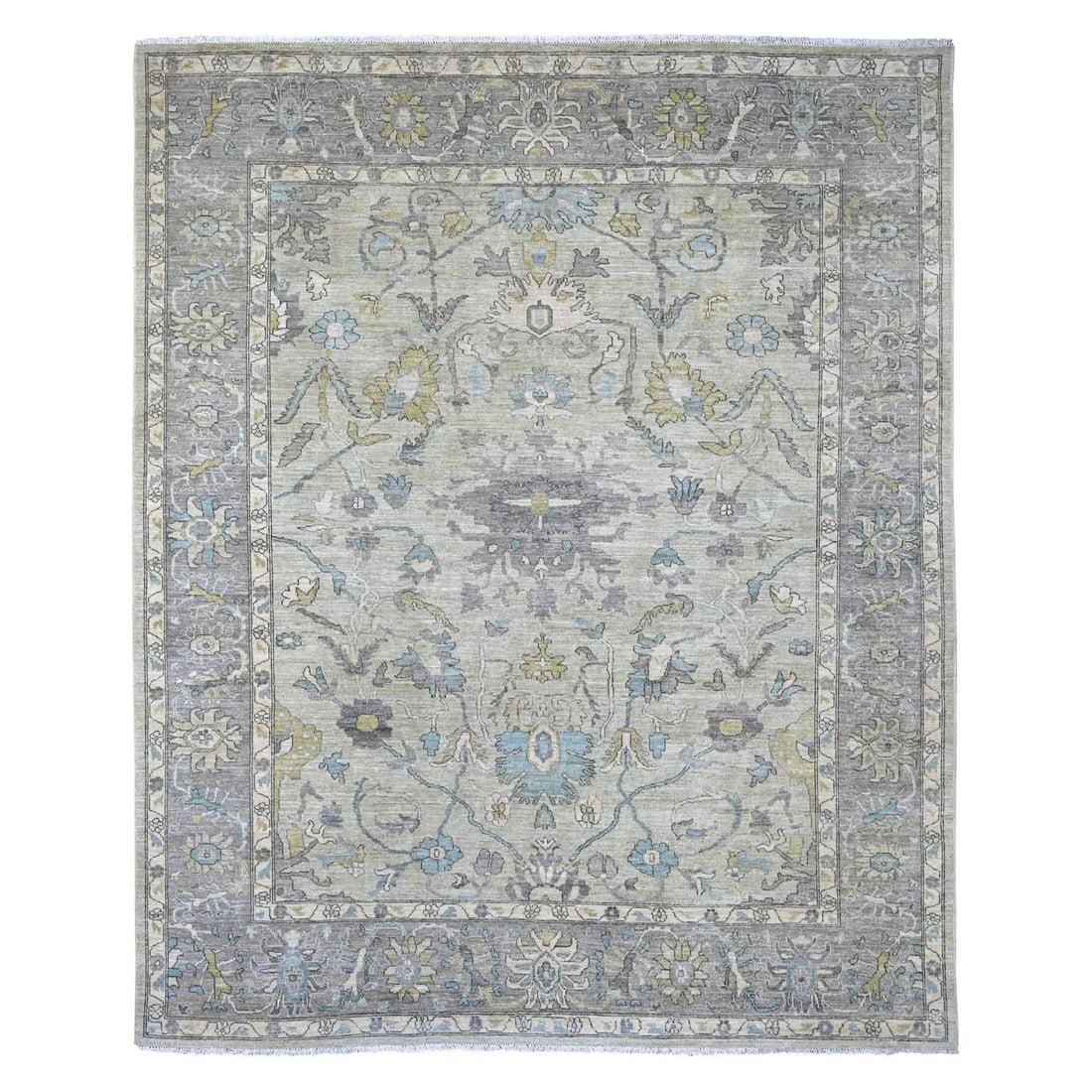 Peshawar Green Wool Rug with Pistachio Hand Knotted Oushak Design 8'x9: Peshawar Green Wool Rug with Pistachio Hand Knotted Oushak Design 8'x9 The Peshawar Green Wool Rug with Pistachio Hand Knotted Oushak Design boasts a stunning floral pattern in a rich green field, int