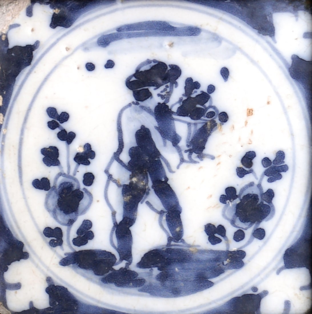 Antique German Delft Tile Framed Art Man with Flowers Rare European Ceramic (1 of 1)