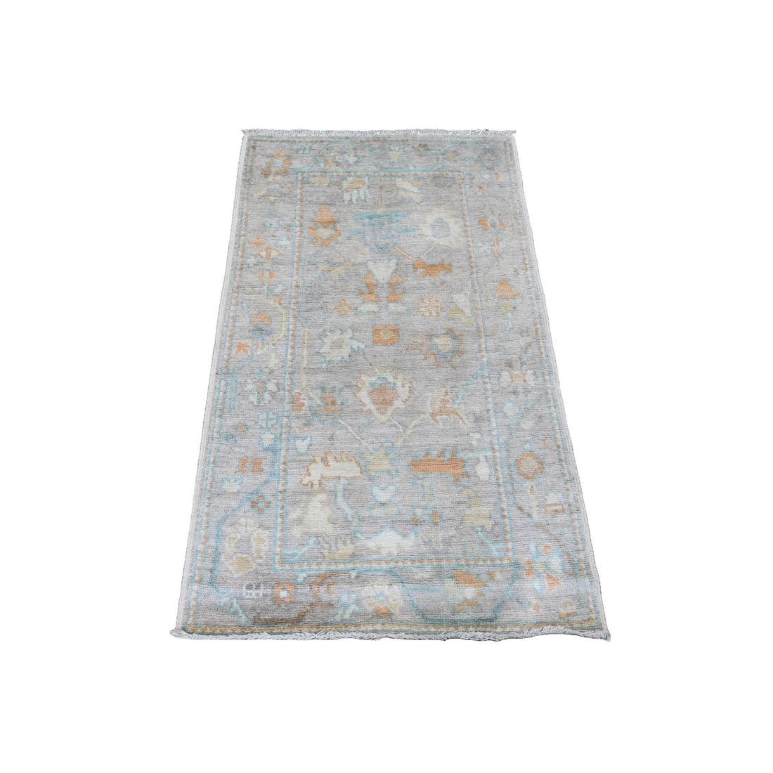 Oushak Hand Knotted Afghan Rug 2'10"x4'9" Oyster Gray 100% Wool: Oushak Hand Knotted Afghan Rug 2'10"x4'9" Oyster Gray 100% Wool Oushak hand-knotted Afghan rug boasts a stunning oyster gray color, crafted from 100% wool, and features a rectangular field with a subt