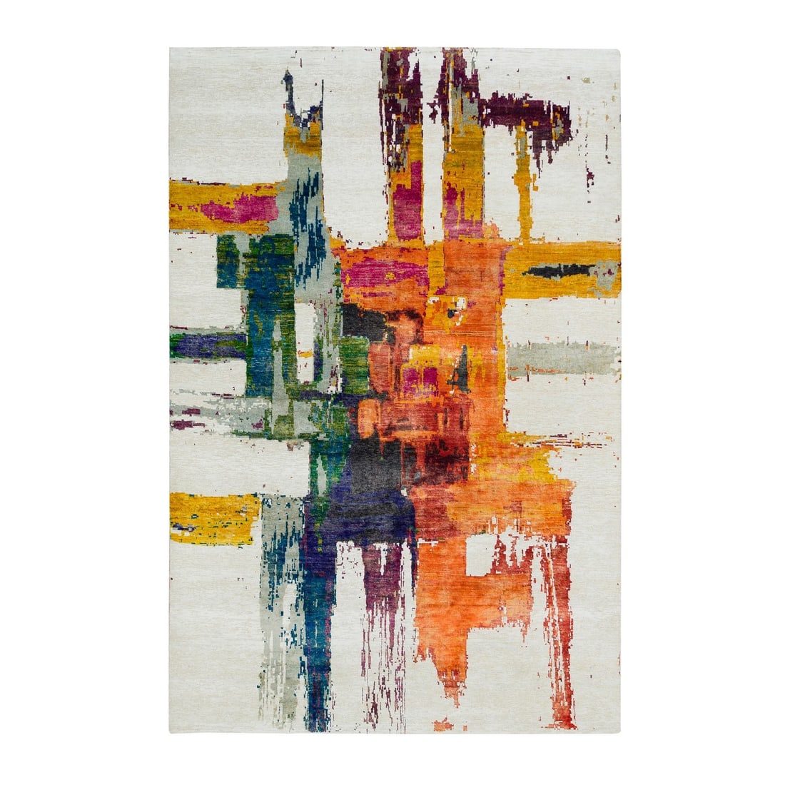 5'10"x9'1" Colorful Wool & Silk Hand Knotted Modern Design Oriental Rug: 5'10"x9'1" Colorful Wool & Silk Hand Knotted Modern Design Oriental Rug 5'10"x9'1" Colorful Wool & Silk Hand Knotted Modern Design Oriental Rug boasts a vibrant, multicolored design with a rectangular