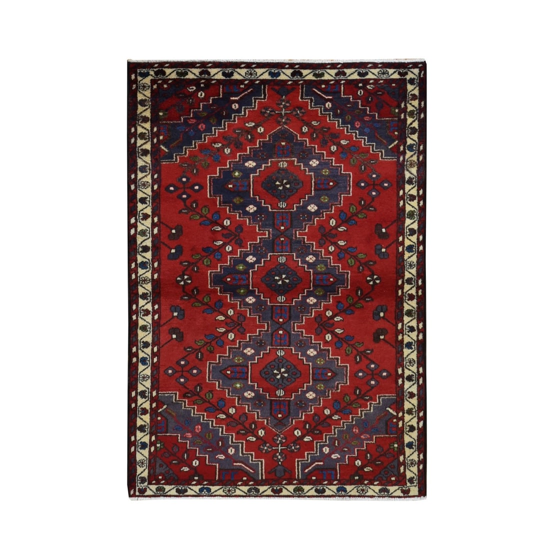 3'5"x5' Red New Bohemian Zoroastrian Meleyir Pure Wool Hand Knotted Rug: 3'5"x5' Red New Bohemian Zoroastrian Meleyir Pure Wool Hand Knotted Rug Hand-knotted in pure wool, this stunning 3'5"x5' Red New Bohemian Zoroastrian Meleyir rug boasts a rich, vibrant red color and i