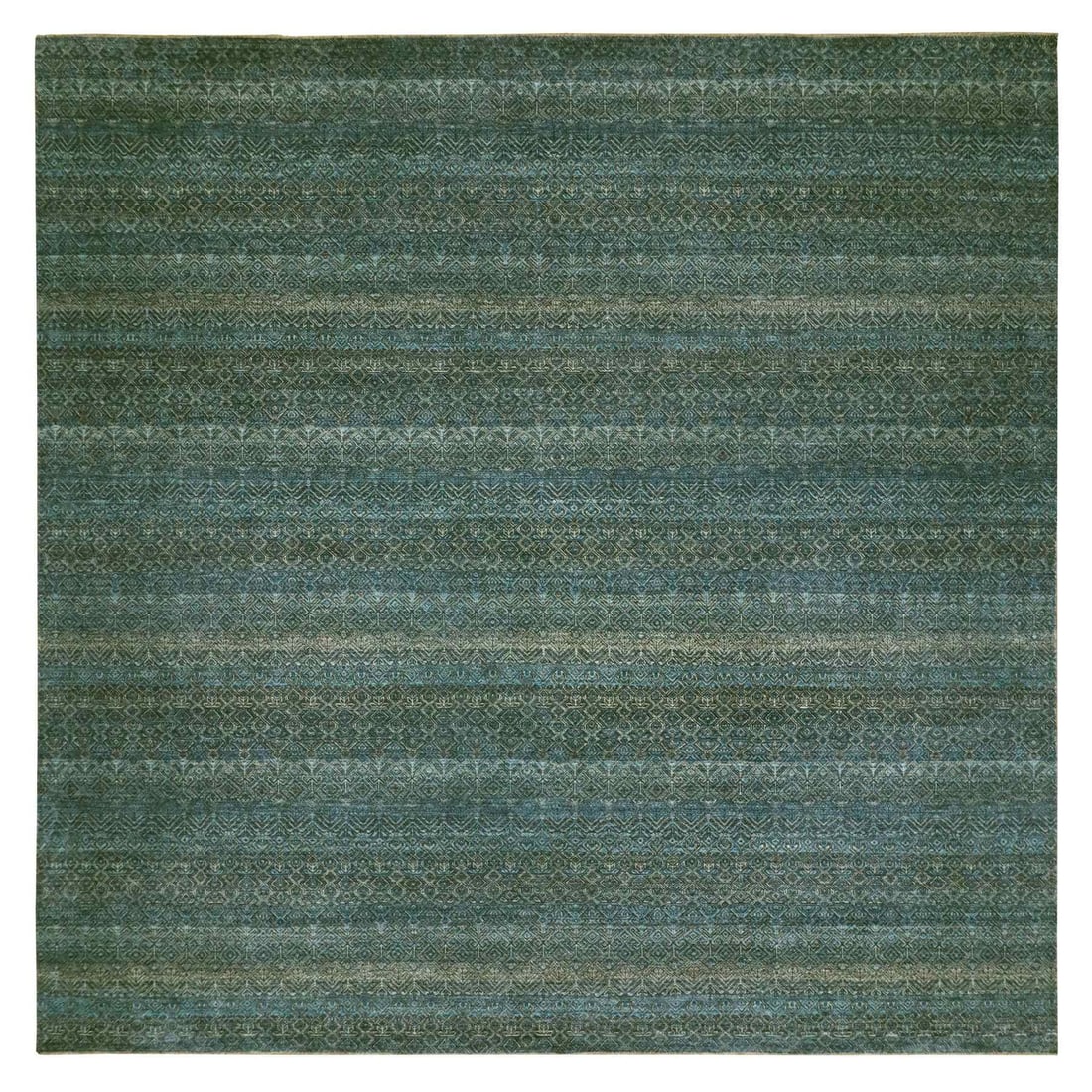 Blue Hand Knotted Kohinoor Repetitive Diamond Wool Square Rug XL 12'x12: Blue Hand Knotted Kohinoor Repetitive Diamond Wool Square Rug XL 12'x12 Hand-knotted with precision, this 12'x12' Blue Herrita wool square rug boasts a stunning field of blue, complemented by subtle i