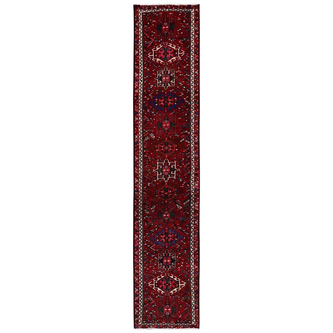 2'4"x12'5" Red New Zoroastrian Karjihooz Wool Hand Knotted Runner Rug: 2'4"x12'5" Red New Zoroastrian Karjihooz Wool Hand Knotted Runner Rug The 2'4"x12'5" Red New Zoroastrian Karjihooz Wool Hand Knotted Runner Rug boasts a stunning medallion design in rich red hues, set