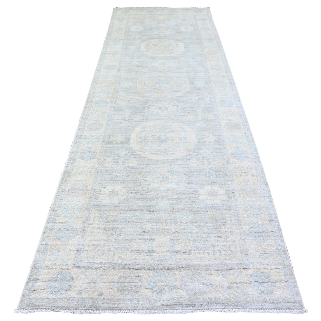 4'x12'2" Gray White Wash Peshawar Wool Hand Knotted Runner Oriental Rug: 4'x12'2" Gray White Wash Peshawar Wool Hand Knotted Runner Oriental Rug This 4'x12'2" Gray White Wash Peshawar Wool Hand Knotted Runner Oriental Rug features a unique blend of grey and white hues, giv