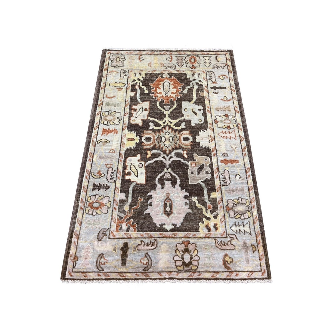 3'1"x4'10" Coffee Brown Hand Knotted Angora Oushak Leaf Design Wool Rug: 3'1"x4'10" Coffee Brown Hand Knotted Angora Oushak Leaf Design Wool Rug Hand-knotted in wool, this 3'1"x4'10" Oushak-style rug boasts a rich coffee brown color with intricate floral patterns in green,