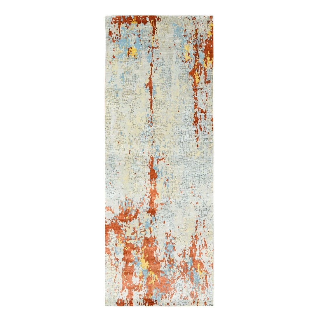 4'1"x12' Wool and Silk Abstract with Fire Mosaic Hand Knotted Runner Rug: 4'1"x12' Wool and Silk Abstract with Fire Mosaic Hand Knotted Runner Rug Grey wool and silk abstract with fire mosaic hand knotted runner rug, measuring 144 inches in length and 49 inches in width. Th