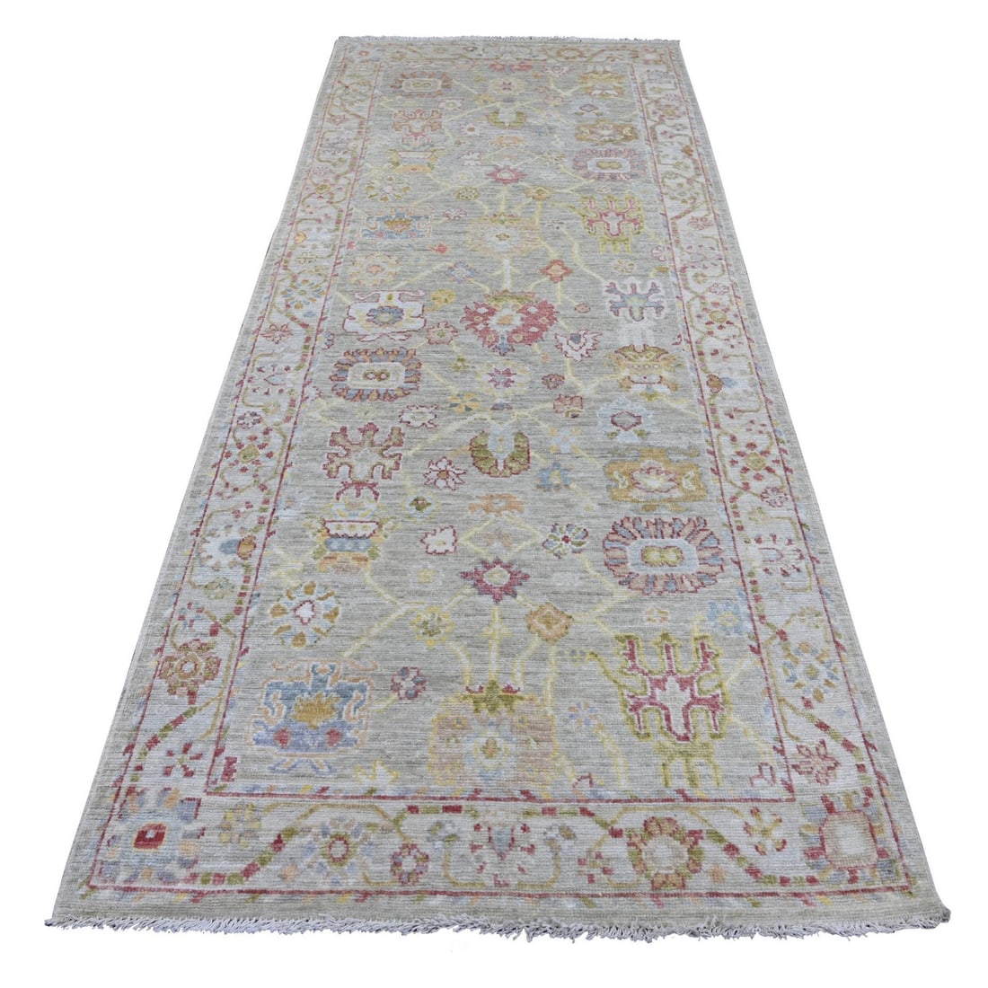 4'x10' Fossil Gray Angora Oushak Leaf Design Hand Knotted Wool Runner Rug (1 of 6)