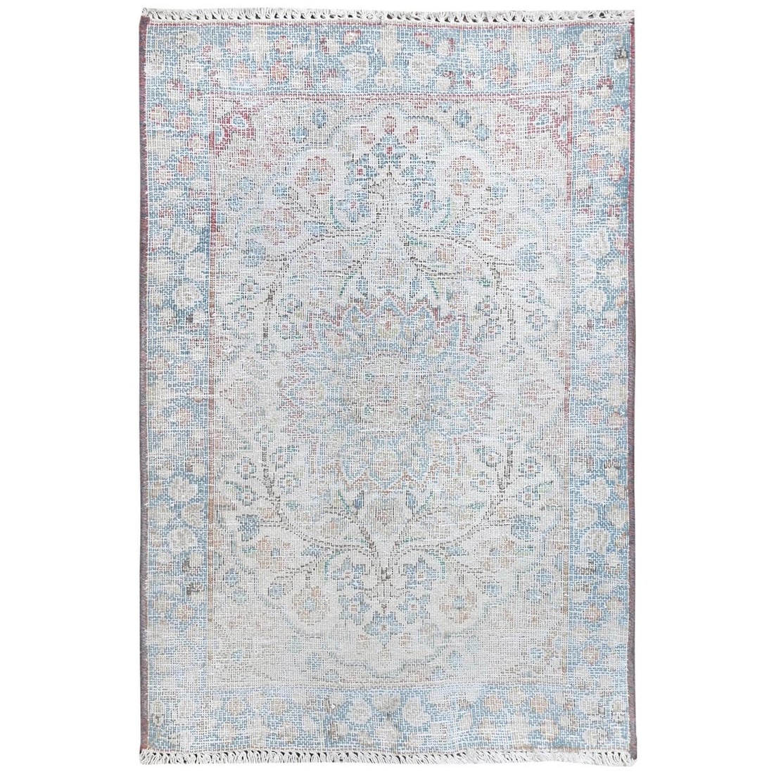 2'x2'9" Ivory Hand Knotted Vintage Farsian Karman Worn Wool Mat Rug: 2'x2'9" Ivory Hand Knotted Vintage Farsian Karman Worn Wool Mat Rug Hand-knotted in worn wool, this 2'0" x 2'9" Farsian-style rug boasts a rich, ivory color with subtle nuances. The rug's rectangular 