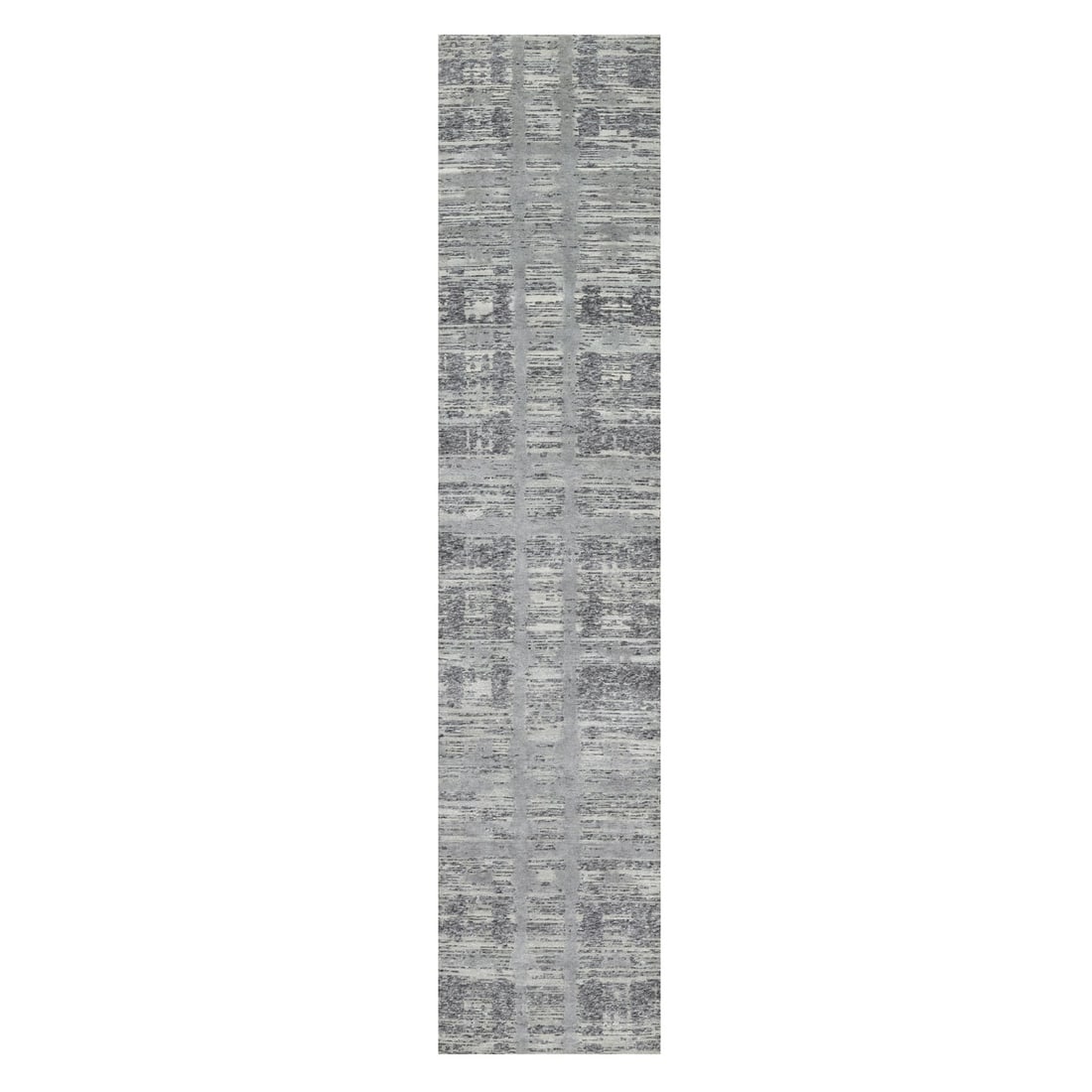 2'6"x11'8" Gray Undyed Natural Wool Hand Knotted Modern Design Runner Rug: 2'6"x11'8" Gray Undyed Natural Wool Hand Knotted Modern Design Runner Rug Modern design meets natural elegance in this stunning 2'6"x11'8" gray undyed wool hand knotted runner rug, featuring a subtle 