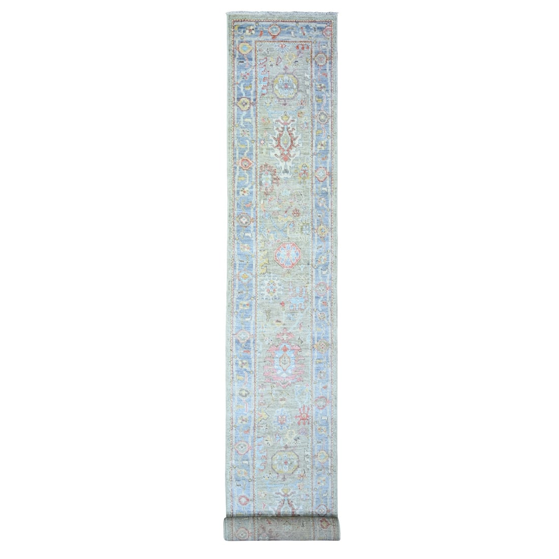 2'4"x19'8" Gray Wool Hand Knotted Afghan Angora Oushak XL Runner Rug: 2'4"x19'8" Gray Wool Hand Knotted Afghan Angora Oushak XL Runner Rug This stunning 2'4"x19'8" Gray Wool Hand Knotted Afghan Angora Oushak XL Runner Rug boasts a rich, grey field with intricate Orienta