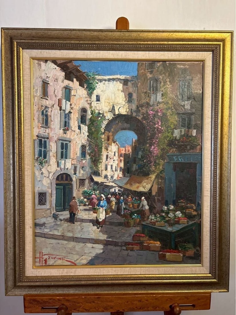 Antonio Gravina Italian Market Street Oil Painting Signed Framed Large (1 of 6)
