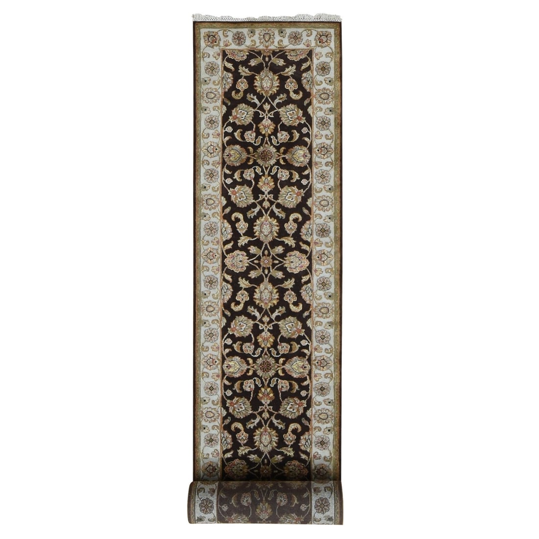 2'7"x15'9" Brown Rajasthan Wool and Silk XL Runner Hand Knotted Rug: 2'7"x15'9" Brown Rajasthan Wool and Silk XL Runner Hand Knotted Rug Brown Rajasthan Wool and Silk XL Runner Hand Knotted Rug boasts a stunning 15'9" length, making it a statement piece for any indoor 