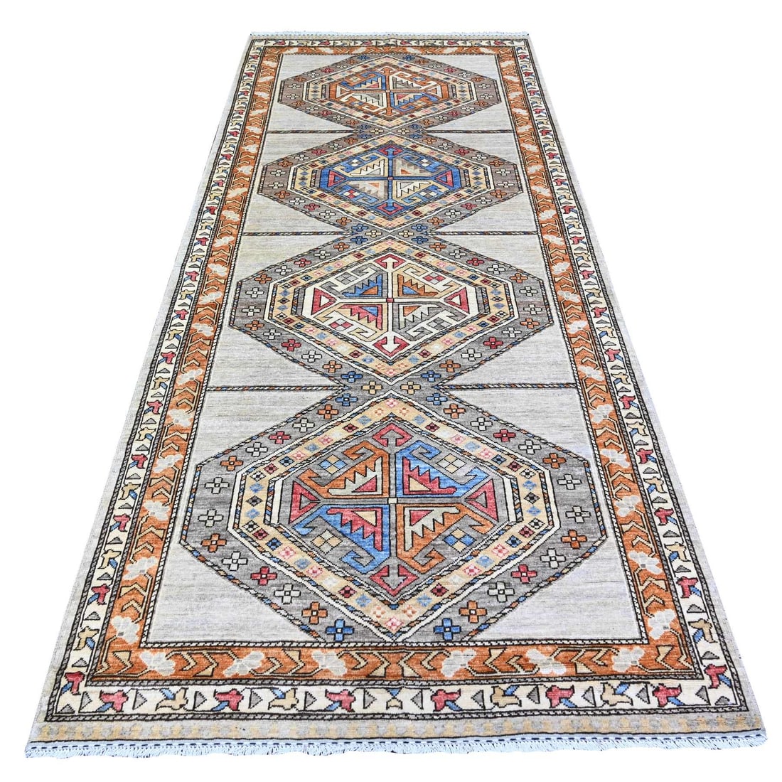4'2"x9'9" Cloud Gray Hand Knotted Afghan Ersari Wide Runner Oriental Rug: 4'2"x9'9" Cloud Gray Hand Knotted Afghan Ersari Wide Runner Oriental Rug Cloud Gray Hand Knotted Afghan Ersari Wide Runner Oriental Rug boasts a stunning 4'2" x 9'9" size, making it a striking additio