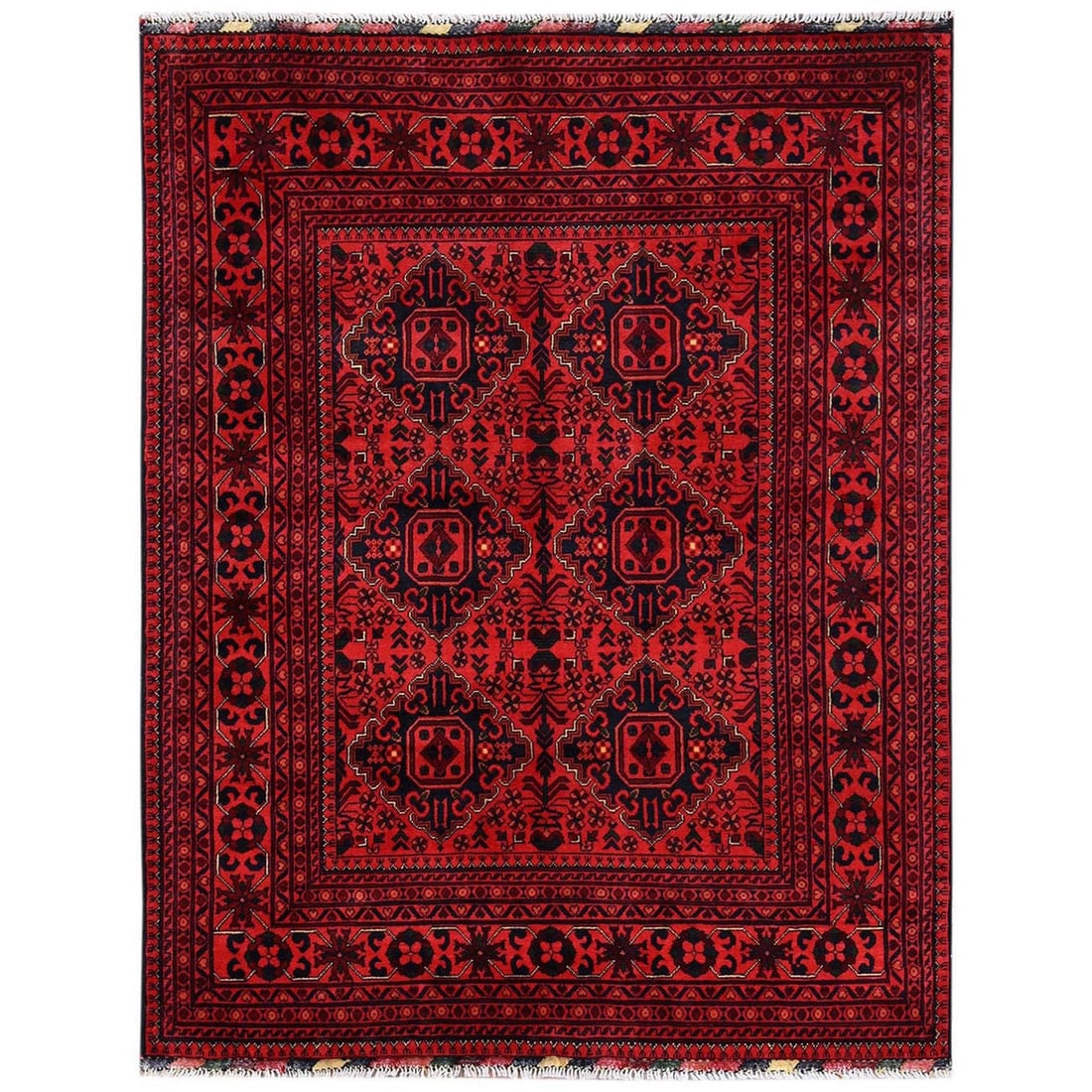 5'x6'5" Red Afghan Andkhoy with Geometric Design Soft Wool Hand Knotted Rug: 5'x6'5" Red Afghan Andkhoy with Geometric Design Soft Wool Hand Knotted Rug Softly glowing red, this 5'x6'5" Andkhoy rug boasts a striking geometric design, woven from the finest soft wool in a tradit