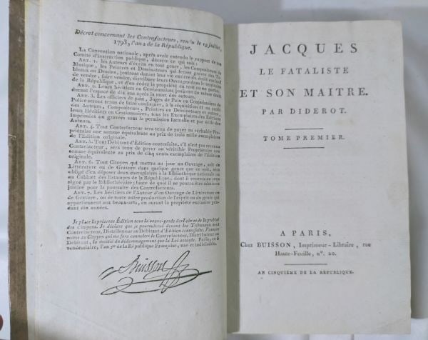 Diderot Jacques le Fataliste et son matre 1796 First Edition Complete: Diderot Jacques le Fataliste et son matre 1796 First Edition Complete Item Specifics: Binding: Full Leather (Contemporary) Language: French Author: Denis Diderot Region: Europe Publisher: Buisson Topi
