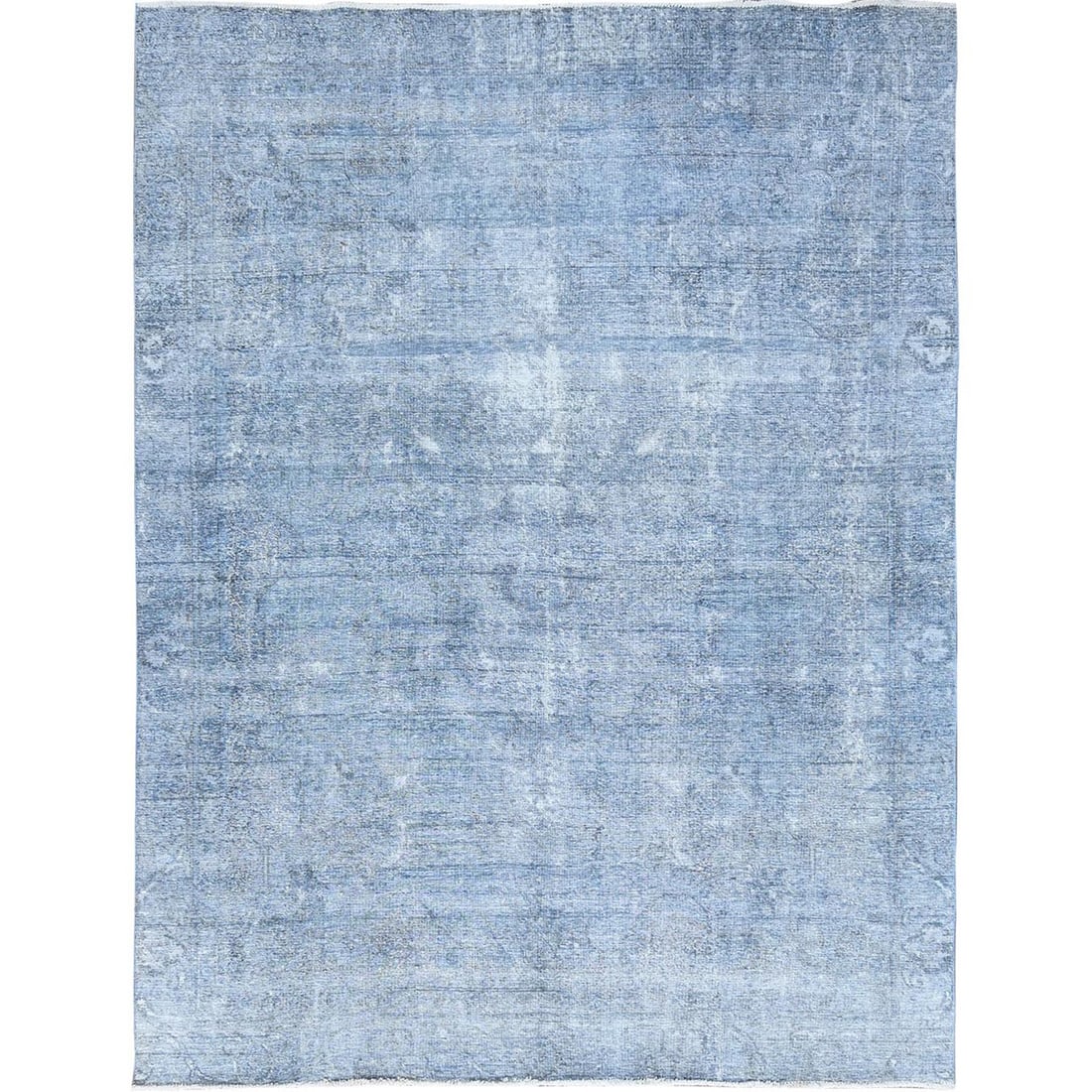 9'x11'8" Blue Hand Knotted Overdyed Vintage Zoroastrian Tebraz Wool Rug: 9'x11'8" Blue Hand Knotted Overdyed Vintage Zoroastrian Tebraz Wool Rug This stunning 9'x11'8" blue hand-knotted overdyed vintage Zoroastrian tebraz wool rug boasts a rich, vibrant hue that adds a pop