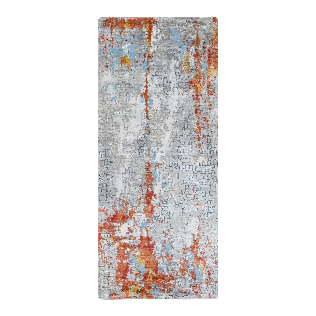 2'7"x5'10" Orange Abstract Design Wool and Silk Hand Knotted Runner Rug: 2'7"x5'10" Orange Abstract Design Wool and Silk Hand Knotted Runner Rug This vibrant orange abstract design wool and silk hand knotted runner rug boasts a unique and striking pattern, adding a pop of 