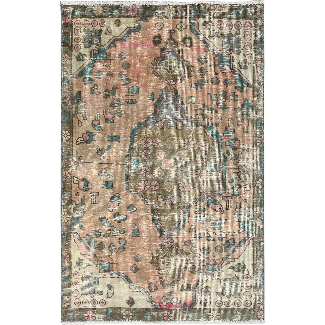 3'x4'5" Brown Wool Hand Knotted Vintage Zoroastrian Tebraz Rug: 3'x4'5" Brown Wool Hand Knotted Vintage Zoroastrian Tebraz Rug The 3'x4'5" Brown Wool Hand Knotted Vintage Tebraz Rug is a stunning example of traditional Turkish craftsmanship, boasting a rich, earth
