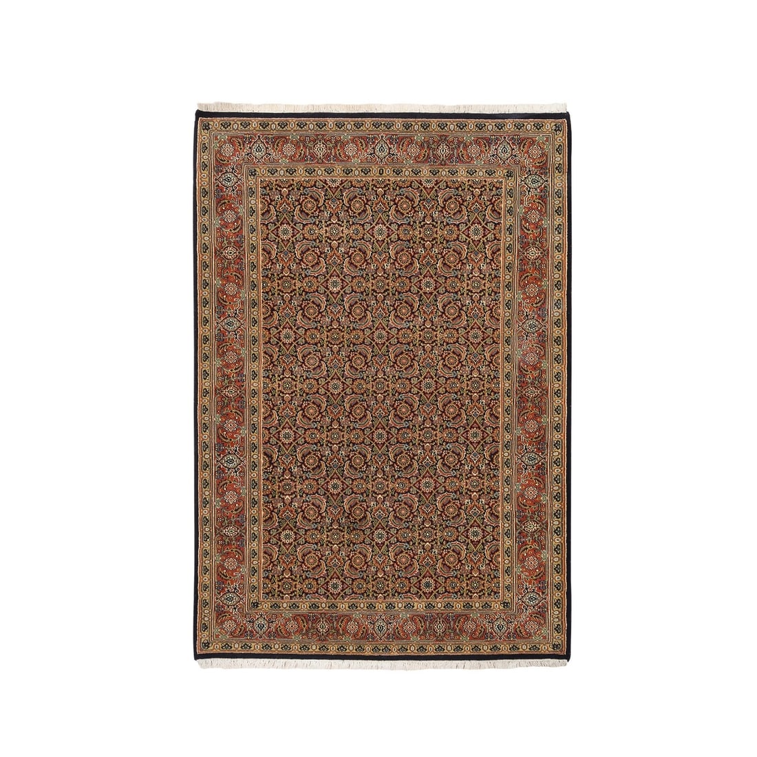 4'2"x6'3" Wool-Silk Herati Design Hand Knotted Midnight Blue 250 KPSI Rug: 4'2"x6'3" Wool-Silk Herati Design Hand Knotted Midnight Blue 250 KPSI Rug Hand-knotted with wool and silk, this oriental rug boasts a stunning midnight blue field with intricate green, yellow, beige, 