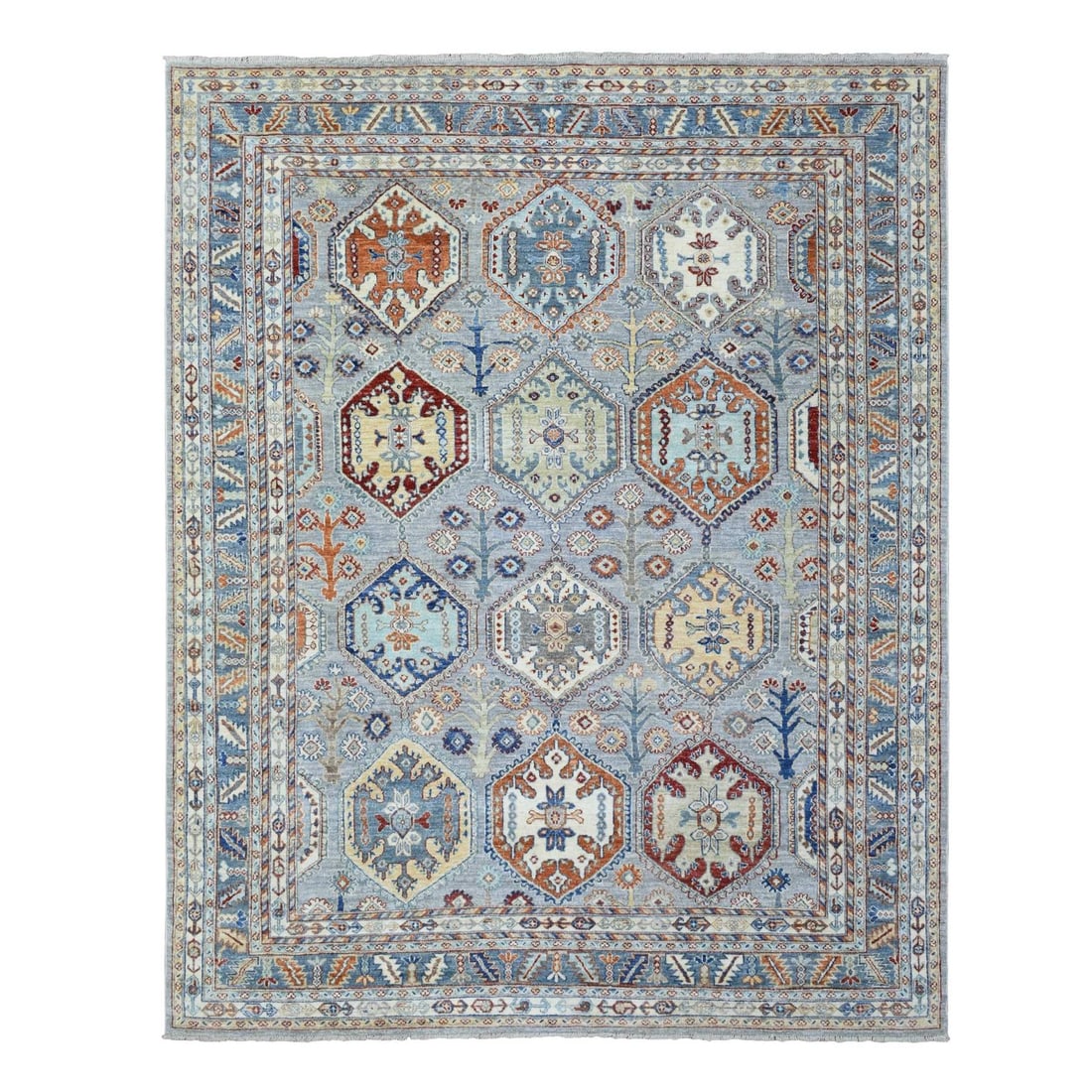 Afghan Ersari Light Gray 7'10"x9'6" Hand Knotted Soft Wool Rug: Afghan Ersari Light Gray 7'10"x9'6" Hand Knotted Soft Wool Rug Soft and elegant, this Afghan Ersari Light Gray hand-knotted wool rug boasts a beautiful rectangular field with a subtle Oriental regiona