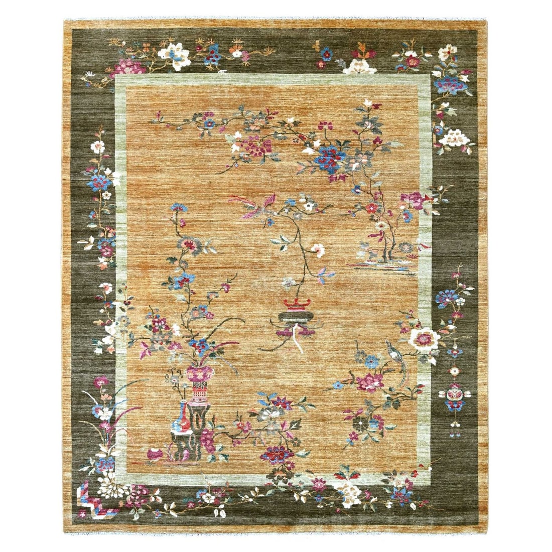 8'1"x9'8" Brown Chinese Art Deco Inspired Peshawar Hand Knotted Wool Rug: 8'1"x9'8" Brown Chinese Art Deco Inspired Peshawar Hand Knotted Wool Rug 8'1"x9'8" Brown Chinese Art Deco Inspired Peshawar Hand Knotted Wool Rug features a stunning floral design in a rich brown fiel