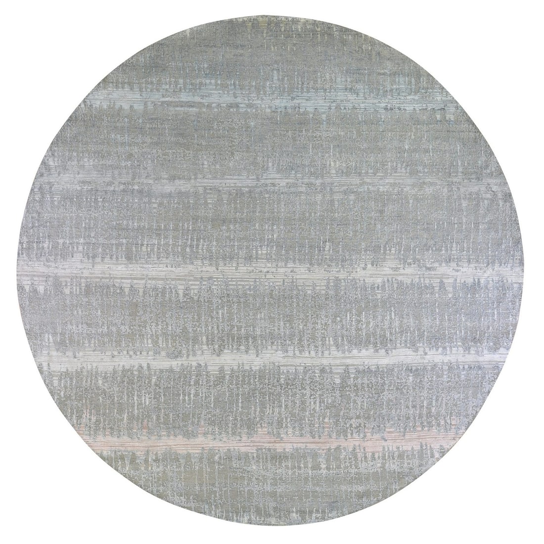 12'x12' Cardiac Design Round Textured Wool and Pure Silk Hand Knotted Rug: 12'x12' Cardiac Design Round Textured Wool and Pure Silk Hand Knotted Rug Grey wool and silk hand-knotted rug in a modern design, measuring 144" x 144" in a round field shape, with a subtle texture an