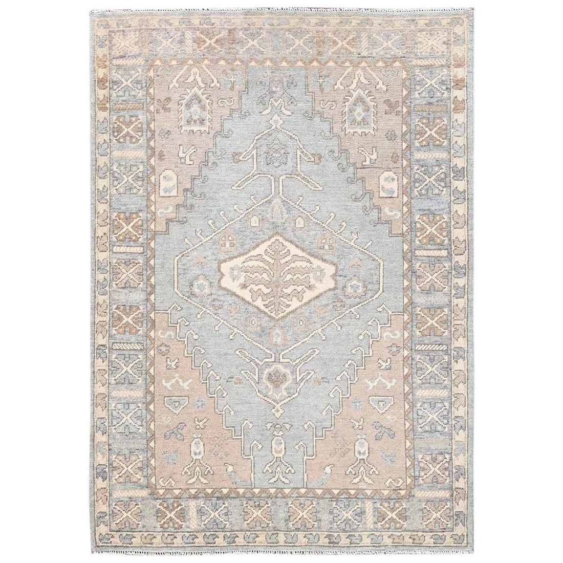 4'9"x6'9" Misty Gray Anatolian Village Design Hand Knotted Pure Wool Rug: 4'9"x6'9" Misty Gray Anatolian Village Design Hand Knotted Pure Wool Rug This stunning Anatolian-style hand-knotted wool rug boasts a beautiful misty gray color and intricate medallion pattern, charac