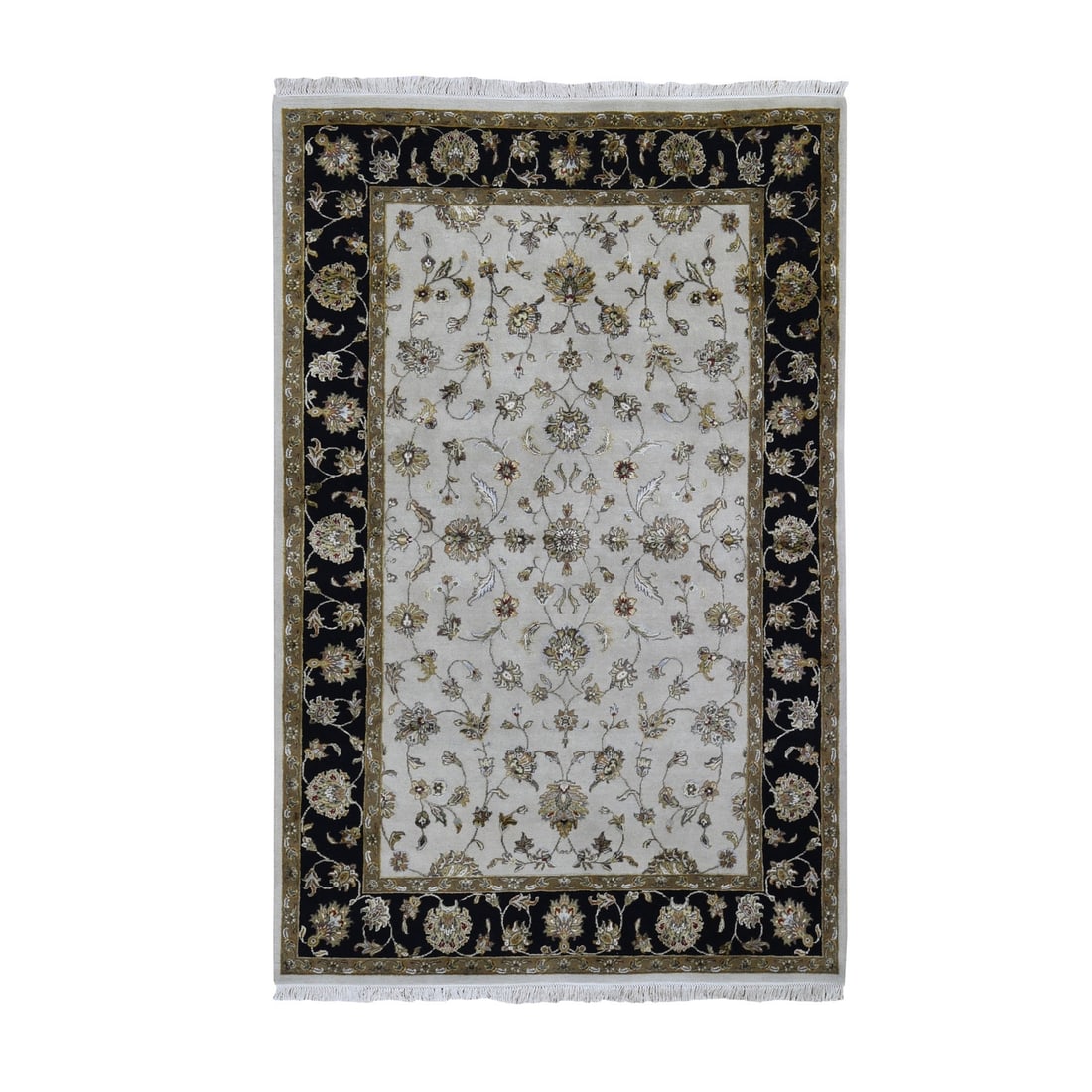 6'x9'3" Round Black Hand Knotted Half Wool & Half Silk Rajasthan Rug: 6'x9'3" Round Black Hand Knotted Half Wool & Half Silk Rajasthan Rug This stunning 6'0" x 9'3" hand-knotted Rajasthan rug boasts a rich, ivory color palette with intricate gold and beige accents, crea