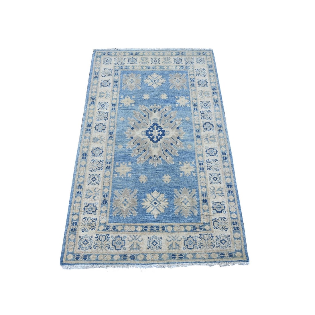 Blue Vintage Look Medallion Design Hand Knotted Wool Kazak Rug 3'x4'9: Blue Vintage Look Medallion Design Hand Knotted Wool Kazak Rug 3'x4'9 Blue Vintage Look Medallion Design Hand Knotted Wool Kazak Rug 3'x4'9 boasts a stunning medallion pattern in a rich blue hue, set 