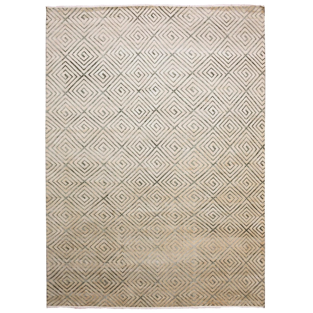 Key Design Silk Wool Rug Ivory Hand Knotted Modern Roman 9'10"x14'1: Key Design Silk Wool Rug Ivory Hand Knotted Modern Roman 9'10"x14'1 Silk wool rug with an ivory hand-knotted design, measuring 9'10" x 14'1" in a modern rectangular field style. This hand-knotted rug 
