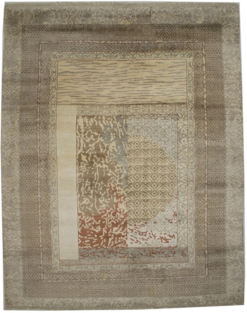 Handmade Modern Oriental Rug Wool & Bamboo Silk Contemporary Carpet 8X10 Ft Hand-Knotted: Handmade Modern Oriental Rug Wool & Bamboo Silk Contemporary Carpet 8X10 Ft Hand-Knotted Hand-knotted with wool and bamboo silk/viscose, this 8x10 ft modern oriental rug boasts an abstract, multicolor