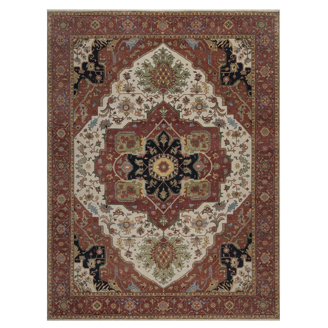 Ivory Antiqued Fine Heris Re Creation Hand Knotted New Zealand Wool: Ivory Antiqued Fine Heris Re Creation Hand Knotted New Zealand Wool Hand-knotted in New Zealand wool, this fine Heris-style rug boasts a stunning ivory antiqued finish, adding warmth and sophisticatio