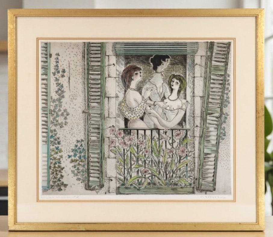 Remy Htreau French Etching Women Balcony Signed EA Print Romantic Vintage (1 of 10)