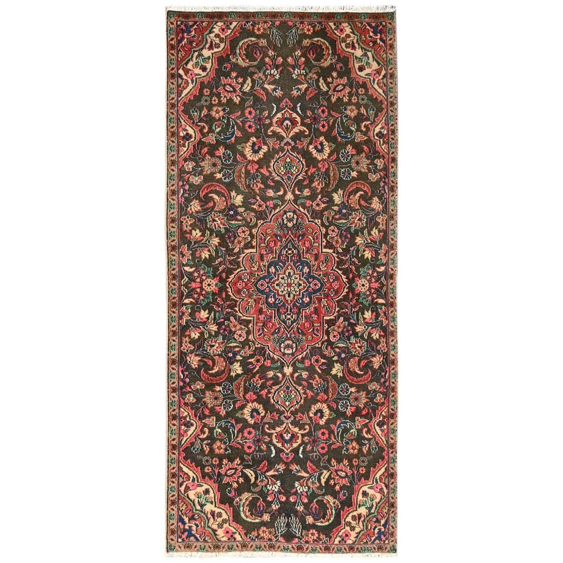 Brown Vintage Zoroastrian Flower Hand Knotted Wool Runner 2'9"x6'9: Brown Vintage Zoroastrian Flower Hand Knotted Wool Runner 2'9"x6'9 Hand-knotted in traditional Turkish style, this 1950s vintage Zoroastrian brown wool runner boasts a stunning medallion pattern in ri