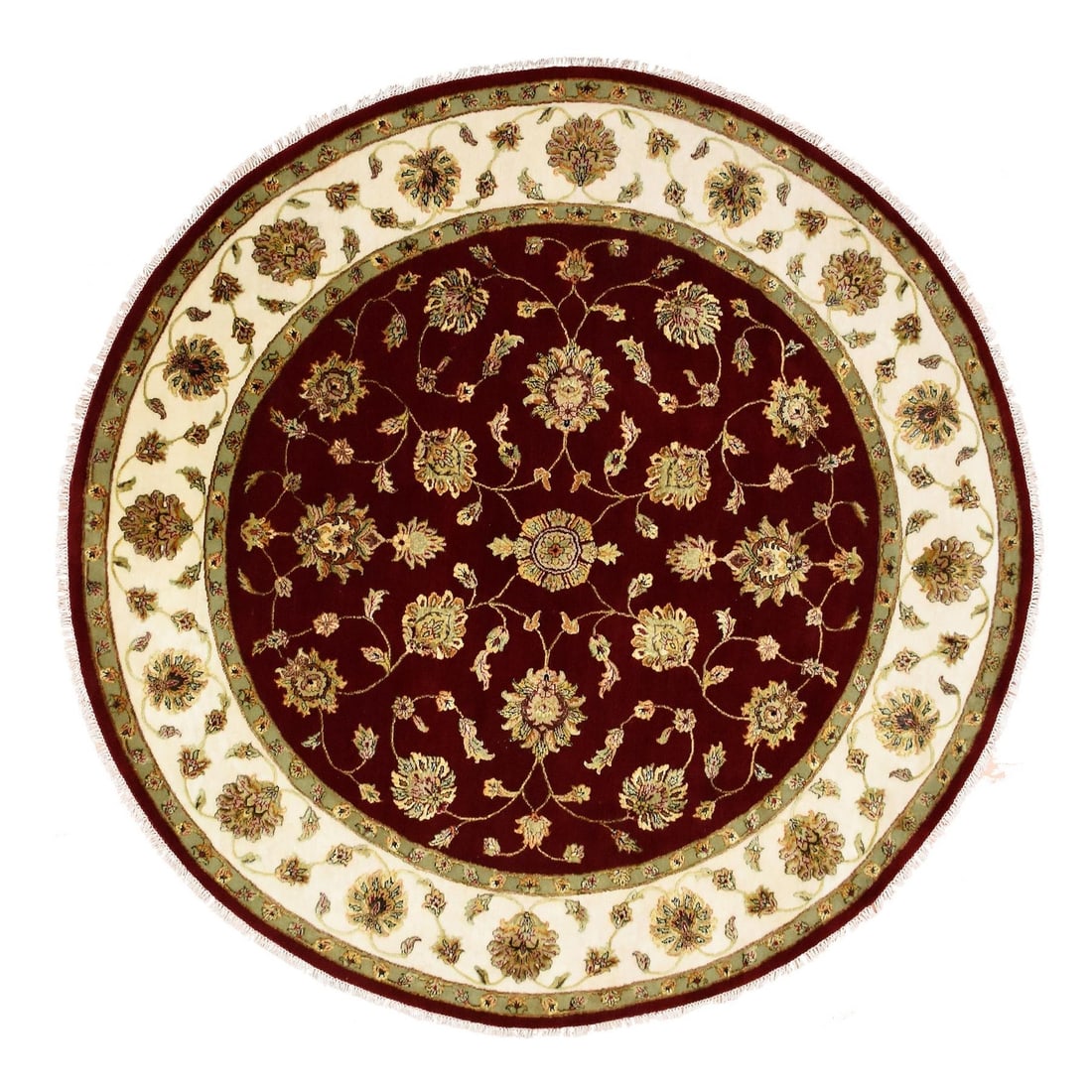 8'x8' Burgundy Red Wool and Silk Hand Knotted Rajasthan Design Round Rug: 8'x8' Burgundy Red Wool and Silk Hand Knotted Rajasthan Design Round Rug This stunning 8'x8' round rug boasts a rich burgundy red color, intricately woven with a blend of wool and silk in a traditiona