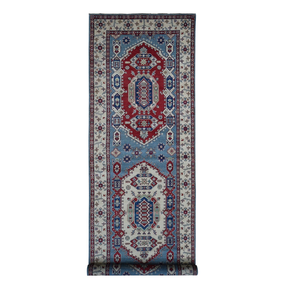 5'3"x19'9" Blue Hand Knotted Wool Kazak Extra Wide and Long Runner Rug: 5'3"x19'9" Blue Hand Knotted Wool Kazak Extra Wide and Long Runner Rug 5'3"x19'9" Blue Hand Knotted Wool Kazak Extra Wide and Long Runner Rug - A stunning example of traditional Afghan craftsmanship, 